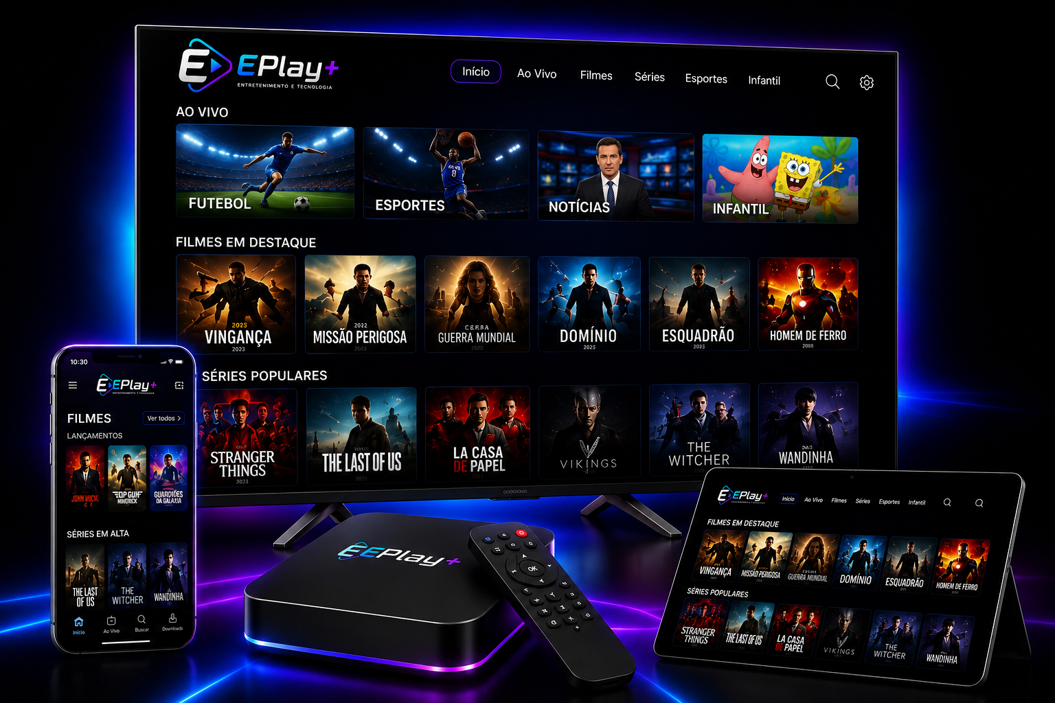 Smart TV, celular e TV Box exibindo canais, filmes e séries do EPlay+