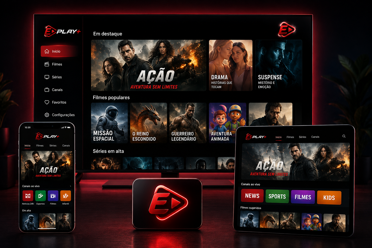 Smart TV, celular e TV Box exibindo canais, filmes e séries do EPlay+